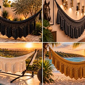 Puede incluir: Una colección de cuatro hamacas con intrincados detalles de macramé y flecos largos. Las hamacas se muestran en negro, gris oscuro, crema y amarillo mostaza, cada una suspendida por cuerdas resistentes con borlas decorativas.