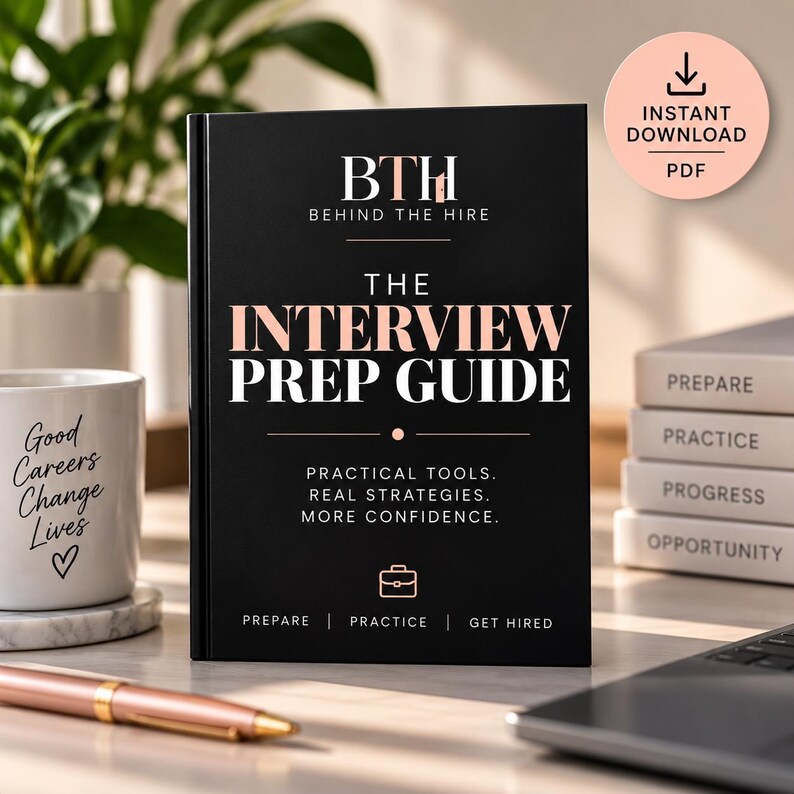May include: A black book titled The Interview Prep Guide with rose gold and white text. The cover features the BTH Behind The Hire logo, a briefcase icon, and the text: Practical Tools. Real Strategies. More Confidence. Prepare | Practice | Get Hired.