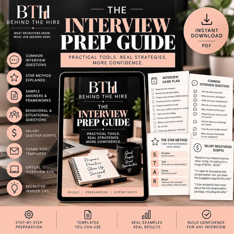 May include: A digital interview preparation guide titled The Interview Prep Guide by Behind the Hire. The display features a tablet showing the guide cover, alongside printed pages detailing interview game plans, common questions, the STAR method, and salary negotiation scripts.