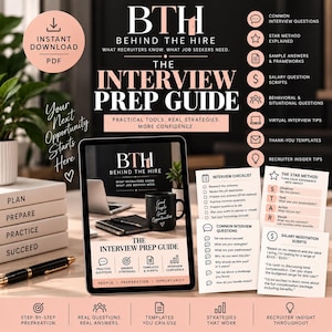 May include: A digital interview preparation guide titled Behind The Hire, featuring a black mug, a laptop, and a notebook on its cover. The set includes printed checklists, the STAR method explanation, common interview questions, and salary scripts.