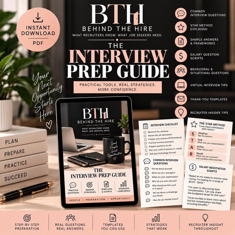 May include: A digital interview preparation guide titled Behind The Hire, featuring a black mug, a laptop, and a notebook on its cover. The set includes printed checklists, the STAR method explanation, common interview questions, and salary scripts.