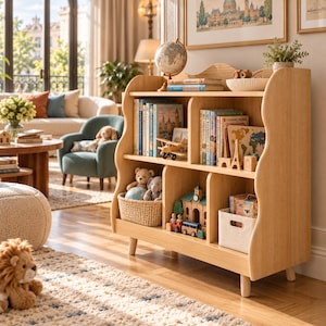 May include: A light wood bookcase with a wavy side profile and four legs. The unit features three open shelves filled with various books, a globe, a small wooden airplane, a woven basket, plush toys, and a white storage bin.