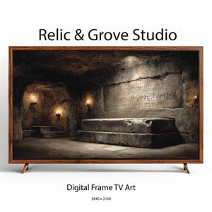May include: A television with a wooden frame displaying digital art of a stone chamber with an inscribed slab and glowing candles. The text Relic & Grove Studio appears above the screen, and Digital Frame TV Art 3840 x 2160 appears below.