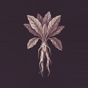 May include: A botanical illustration of a mandrake root with a thick, anthropomorphic taproot and a cluster of large, veined, pointed leaves extending upwards. The artwork features a muted, monochromatic color palette against a dark background.