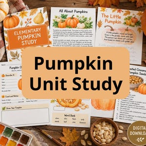 Könnte beinhalten: Eine Sammlung von Lernblättern mit den Titeln Elementary Pumpkin Study, All About Pumpkins und The Little Pumpkin, die Illustrationen von Kürbissen und Herbstblättern sowie Texte über Kürbiswachstum, Anatomie und Rezepte enthalten.