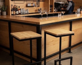 Sgabello in Ferro e Legno di Abete – Industrial Wooden Bar Stool – Artigianale, Altezza 60, 70 o 80 cm