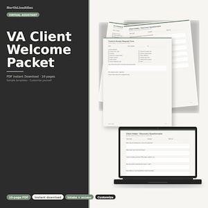 Könnte beinhalten: Ein digitales VA Client Welcome Packet Vorlagenset bestehend aus einem 10-seitigen PDF-Dokument mit einem Tools & Access Request Form und einem Client Intake Discovery Questionnaire, dargestellt auf einem Laptop und als gestapelte Seiten.
