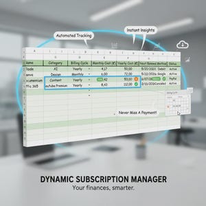 May include: A digital spreadsheet interface titled Dynamic Subscription Manager with columns for Name, Category, Billing Cycle, Monthly Cost, Yearly Cost, Next Renewal, Method, and Status. It features labels for Automated Tracking and Instant Insights.