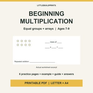 May include: A printable educational worksheet titled BEGINNING MULTIPLICATION by LITTLEBUILDPRINTS for ages 7-9. It features an array of circles, blank spaces for rows, multiplication equations, repeated addition, and 6 practice pages.