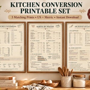May include: A set of three kitchen conversion printable wall art posters with a cream background and dark text. The prints are titled Kitchen Conversions, Baking By Weight, and The Baker's Quick Guide, featuring US and metric measurements.
