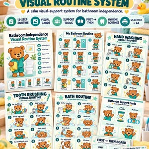 May include: A Bathroom Independence Visual Routine System set featuring illustrated bear characters. Includes charts for bathroom, hand washing, tooth brushing, and bath routines, plus support cards and a First-Then board with text in English.