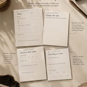 Puede incluir: Un planificador de organización visual titulado The Reset System que muestra cuatro páginas abiertas con secciones para Daily Reset, Mood and Energy y Focus Mode. Las páginas incluyen indicaciones para prioridades y bloques de tiempo.