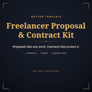 Puede incluir: Una plantilla de Notion sobre fondo azul oscuro con el título Freelancer Proposal & Contract Kit en texto dorado. Incluye el subtítulo Proposals that win work. Contracts that protect it. y enumera 2 databases, 5 pages y 3 pipeline views.
