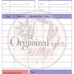 May include: A hydration and electrolyte tracker printable sheet with purple headers. It includes sections for water intake and electrolyte goals in ounces, a daily log table, a hydration scale from one to five, and a notes section.