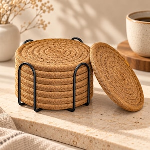 May include: A set of round, tan, coiled rope coasters stacked inside a black metal wire holder. The coasters feature a textured, spiral design made from natural fiber cord. One individual coaster stands upright next to the stack, showing the circular pattern clearly.