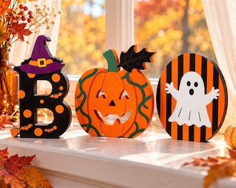 Halloween BOO Signs, 3-Piece Wooden Tiered Tray Decor with Pumpkin and Ghost, Indoor Table Decorations for Mantel, Shelf and Coffee Bar