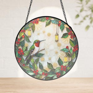 Ruby Throated Hummingbird Painted Glass Suncatcher, Black Frame Winter Window Gift, botanical window art, nature lover gift