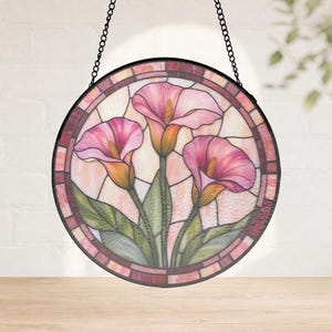 Pink Calla Lily Painted Glass Panel, Black Frame Window Hanging for Garden Room Decor, flower window art, floral window hanging