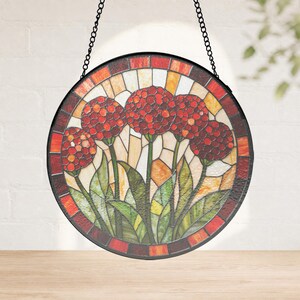 Red Drumstick Primrose Stained Glass Suncatcher, Black Frame Window Hanging Gift, flower glass hanging, gardener gift, stained glass panel