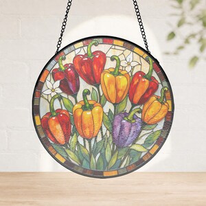 Ornamental Pepper Black Framed Stained Glass Panel, Colorful Garden Window Decor Gift, floral glass hanging, circular glass decor