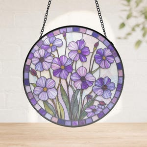 Brunfelsia Flower Black Framed Glass Suncatcher, Purple Botanical Window Hanging for Flower Lovers, decorative glass panel