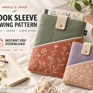May include: A sewing pattern for a book sleeve with an angled pocket, featuring text: ANGLE & PAGE BOOK SLEEVE SEWING PATTERN, 4 sizes, padded, angled pocket, INSTANT PDF DOWNLOAD, US Letter, A4, A0, DIGITAL PATTERN - NOT A PHYSICAL ITEM.