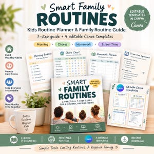Może przedstawiać: Cyfrowy zestaw produktów zatytułowany Smart Family Routines zawierający 7-krokowy przewodnik, 4 edytowalne szablony Canva, plan porannej rutyny, tabelę obowiązków, planer prac domowych oraz umowę dotyczącą czasu przed ekranem.