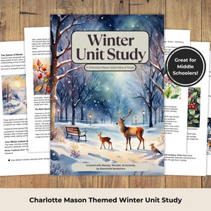 Könnte beinhalten: Ein Buchcover "Winter Unit Study" mit einer Aquarellillustration einer Winterszene mit Hirschen, Bäumen und Schnee. Der Text lautet "Winter Unit Study" und "A Charlotte Mason Style Nature Study". Das Cover ist von Textseiten umgeben.