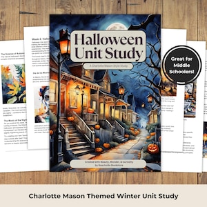Op de afbeelding: Een Halloween Unit Study boekcover met een aquarel illustratie van een spookachtige straat met pompoenen en een volle maan. De tekst luidt "Halloween Unit Study" en "Great for Middle Schoolers!"