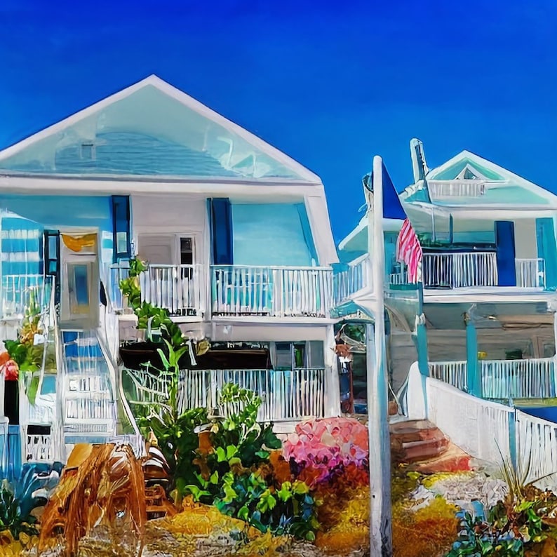 Beach Cottage Blue Beach House Coastal Town Village Sea Etsy