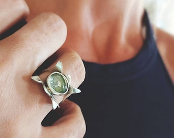 Contemporary olive green tourmaline silver ring, statement gift for your love, no 6 silver big rings