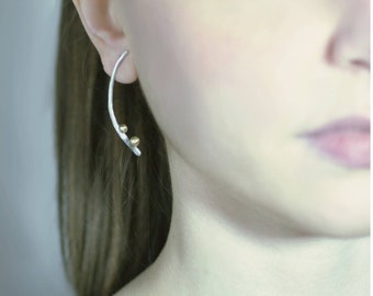 Minimal silver bar earrings with two small bronze bubbles, office look earrings