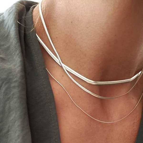 Sterling silver flat snake chain, herringbone silver chain layering, glossy chains