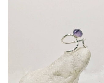 Contemporary amethyst adjustable silver ring, gift ring for her