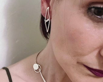 Glossy contemporary silver earrings,  triangle minimal earrings, geometric dangle earrings, gift for her birthday