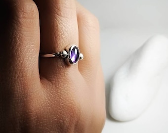 Minimalist handmade sterling silver ring with oval amethyst crystal, best gift for her