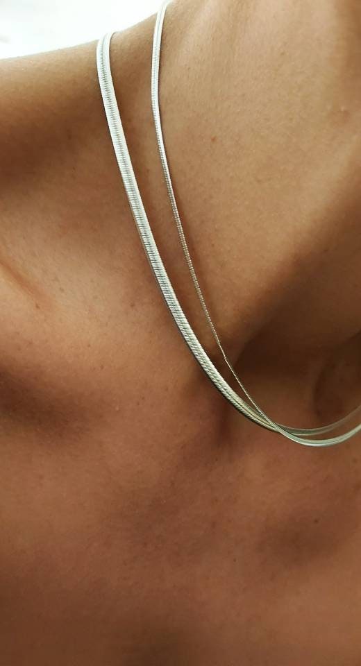 ●TATIANA● Silver 925 Modern Flat Snake Chain Necklace NZ21 Sterling Silver Flat Snake Chain, Herringbone Silver Chain