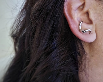 Chunky silver earclimber, uplifting earrings, unique earrings, glossy wierd earrings, statement earrings