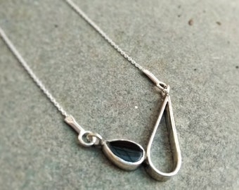 Sterling silver necklace with a teardrop black agate, glossy everyday geometric necklace