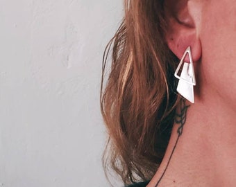 Changeable earrings, silver triangle earjackets, under ear stackable earrings, frond and back earrings