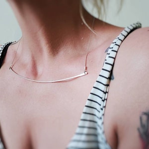 Minimal long bar necklace, glossy geometric silver necklace, statement minimal necklace