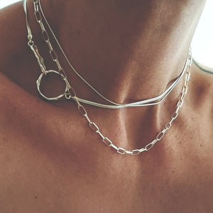 Organic bold necklace, glossy chunky necklace, flat snake silver chain, flat silver herringbone chain, layering modern necklace image 1