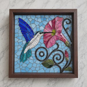 Väggkonstkit med kolibrimosaik, 12x12 målat glas gör-det-själv-pyssel, present till nybörjare, rosa blomma