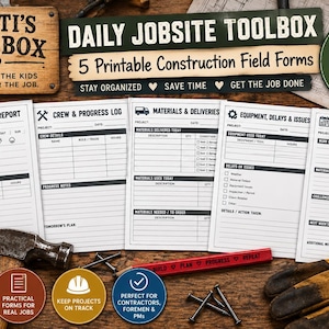Könnte beinhalten: Ein Set aus fünf druckbaren Baustellenformularen mit dem Titel Daily Jobsite Toolbox. Die Dokumente umfassen einen täglichen Baustellenbericht, ein Team-Protokoll, Materiallisten, Ausrüstungsberichte sowie eine wöchentliche Zusammenfassung.