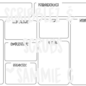 May include: A white medical study template with black outlines and headers including Disease, Pathophysiology, Signs, Risk Factors, Labs, Complications, Medications, and Interventions. The text Scribblez & Scrubs Sammie C is overlaid in the center.
