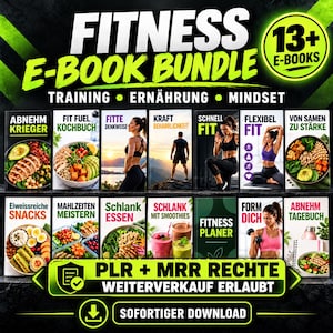 Peut inclure: Un ensemble de livres électroniques de fitness comprenant plus de 13 titres sur l'entraînement, la nutrition et l'état d'esprit. La collection présente divers guides avec des titres comme Abnehm Krieger, Fit Fuel Kochbuch et Fitness Planer, illustrés par des images de nourriture et d'exercices.