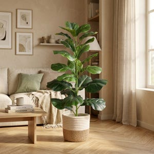 Peut inclure: Une grande plante artificielle de type figuier lyre avec de larges feuilles vert foncé cireuses. La plante est placée dans un pot cylindrique bicolore composé d'une partie supérieure en corde tressée crème et d'une base texturée en fibres naturelles.