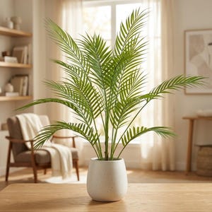 Può includere: Una pianta di palma artificiale alta con fronde piumate di un verde vivace che si estendono in diverse direzioni. La pianta è contenuta in un vaso di ceramica liscio, color bianco sporco e maculato, con una base arrotondata e affusolata.