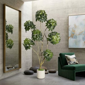 Puede incluir: Una planta artificial Schefflera alta con múltiples tallos delgados y racimos de hojas verdes brillantes, plantada en un recipiente cilíndrico blanco sencillo. La planta está colocada sobre un suelo gris, reflejándose en un gran espejo con marco dorado.