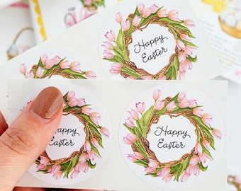 Happy Easter wreath - 2 inch circle stickers - SET OF 20